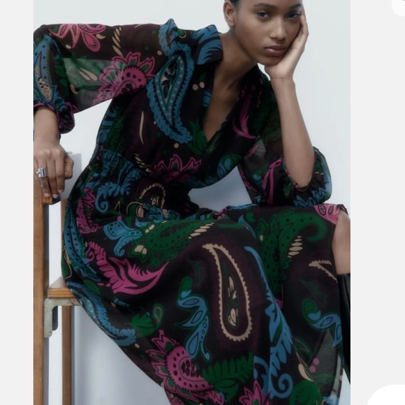 Zara Black/Multicolored Paisley Print Chiffon Balloon Sleeve Mosaic Dress NWT XS - Picture 6 of 16